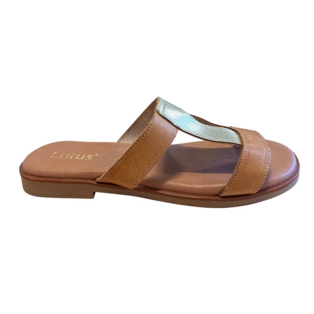 Lotus Milena Tan and Gold Leather Sliders