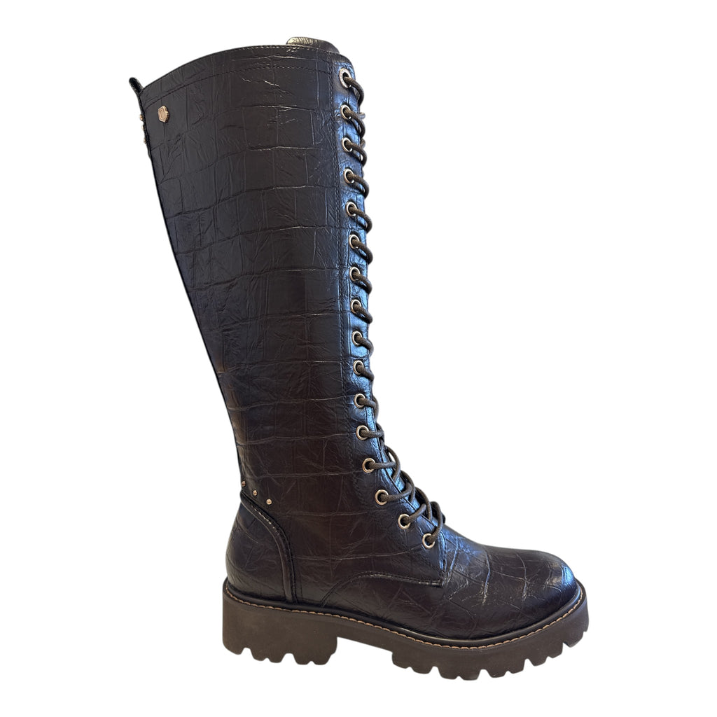Carmela Brown Leather Croc Print Knee-High Boots 164358