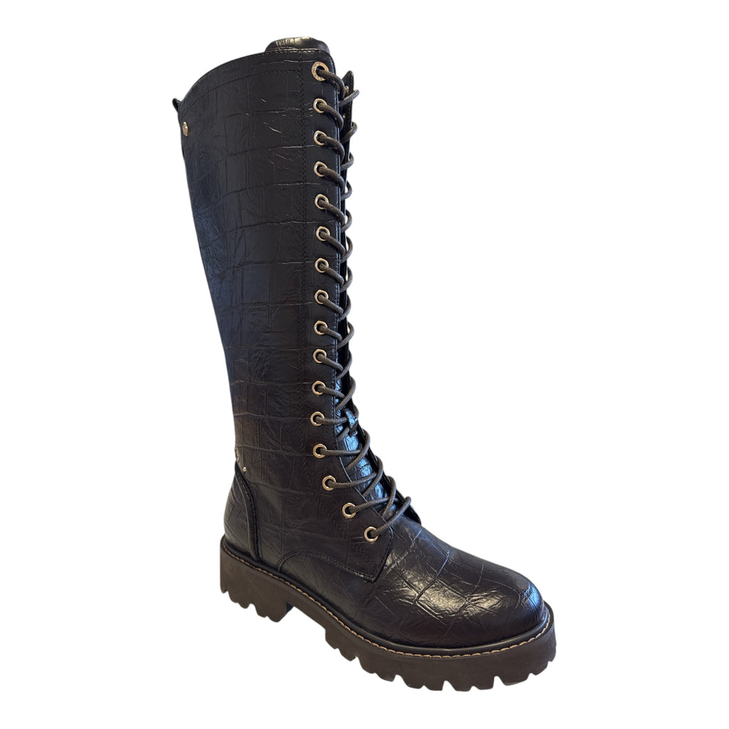 Carmela Brown Leather Croc Print Knee-High Boots 164358