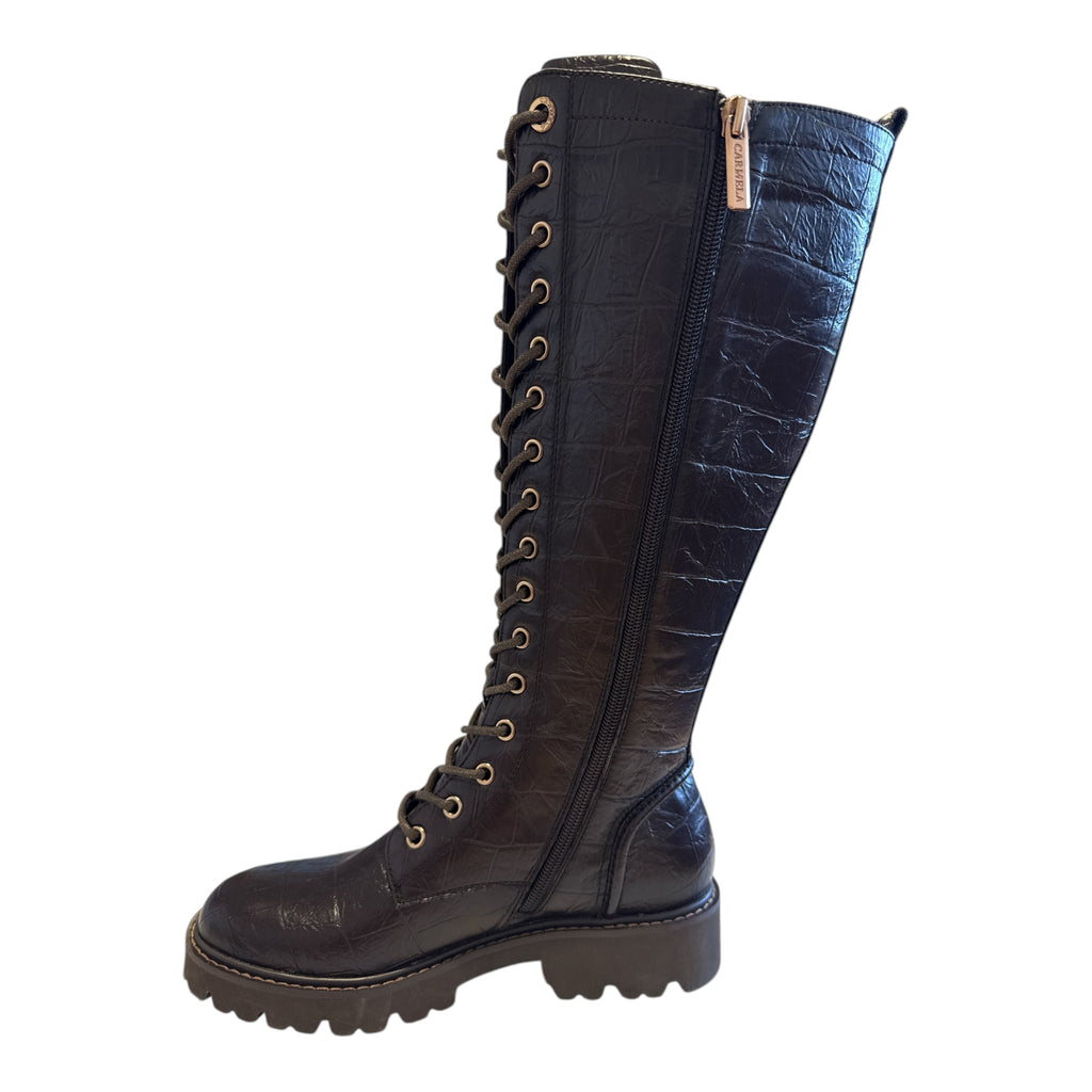 Carmela Brown Leather Croc Print Knee-High Boots 164358