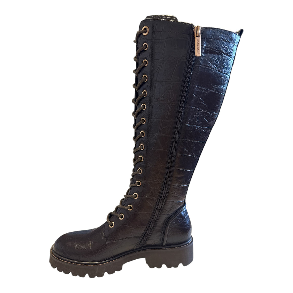 Carmela Brown Leather Croc Print Knee-High Boots 164358