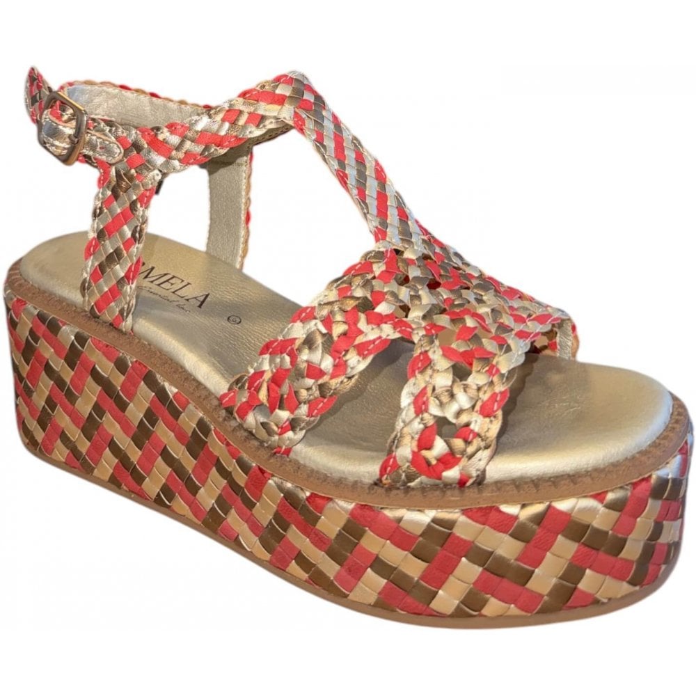Carmela Gold and Red Wedge Sandals 162347