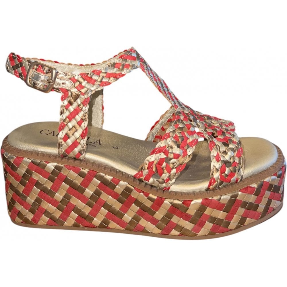 Carmela Gold and Red Wedge Sandals 162347