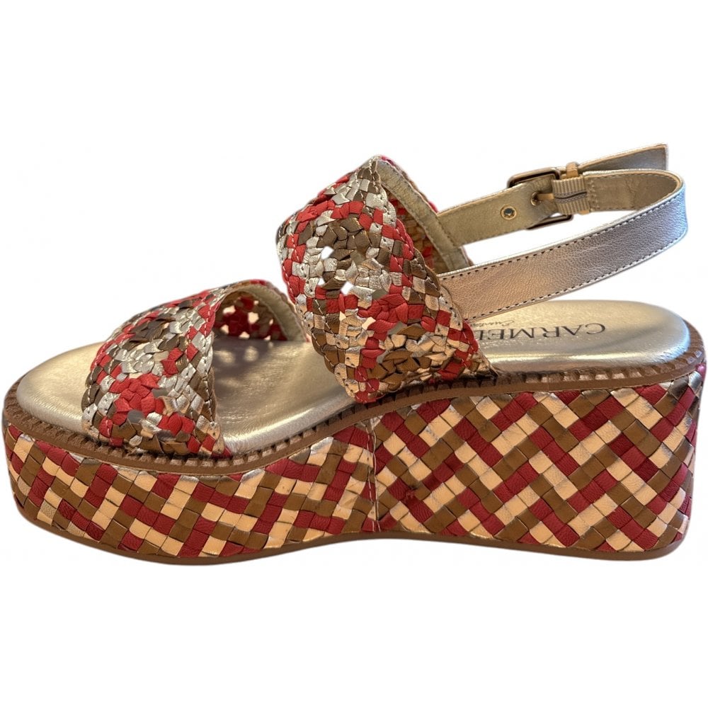 Carmela Gold and Red Wedge Sandals 162348