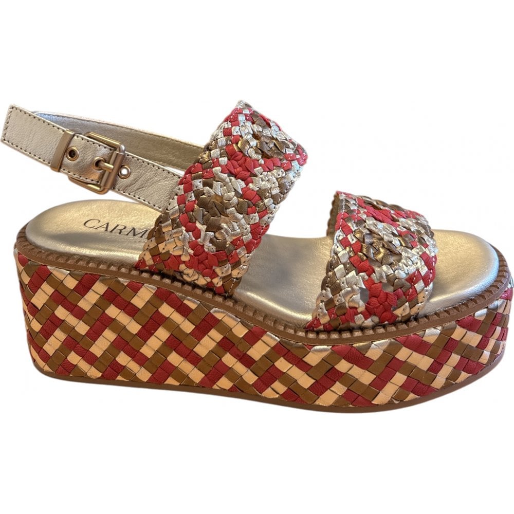 Carmela Gold and Red Wedge Sandals 162348