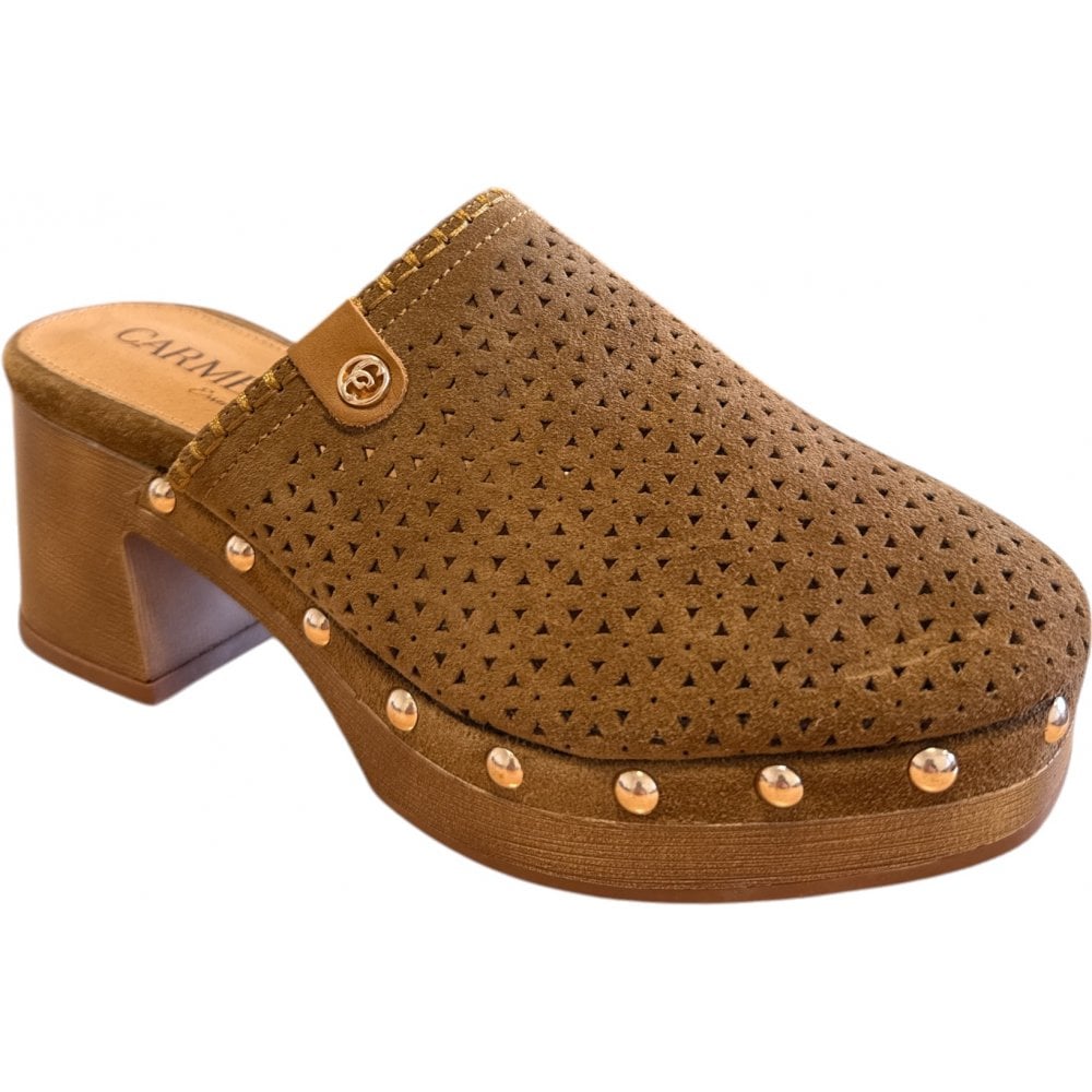 Carmela Tan Suede Wooden Platform Clogs 162220
