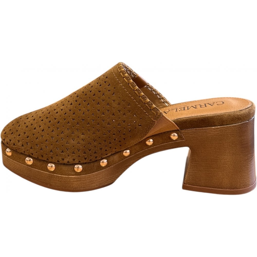 Carmela Tan Suede Wooden Platform Clogs 162220