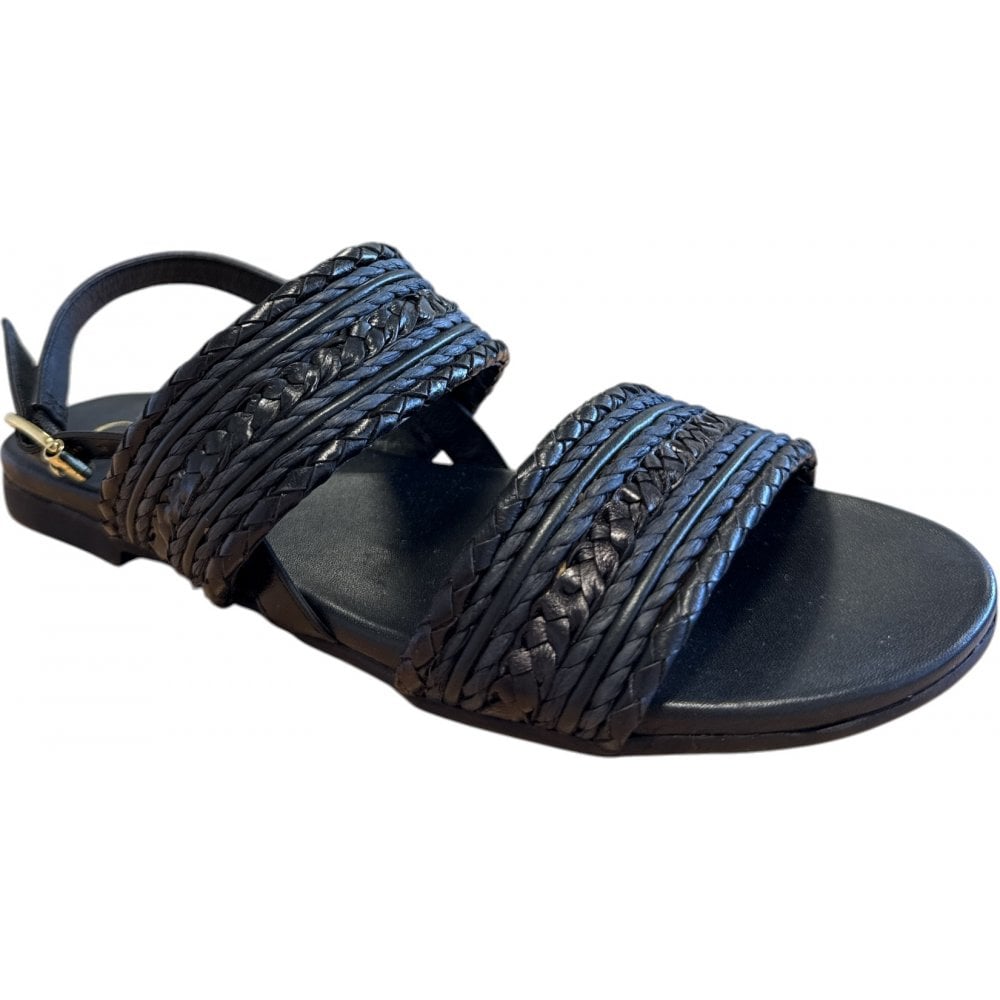 CarmelaBlack Leather Flat Sandals 162395