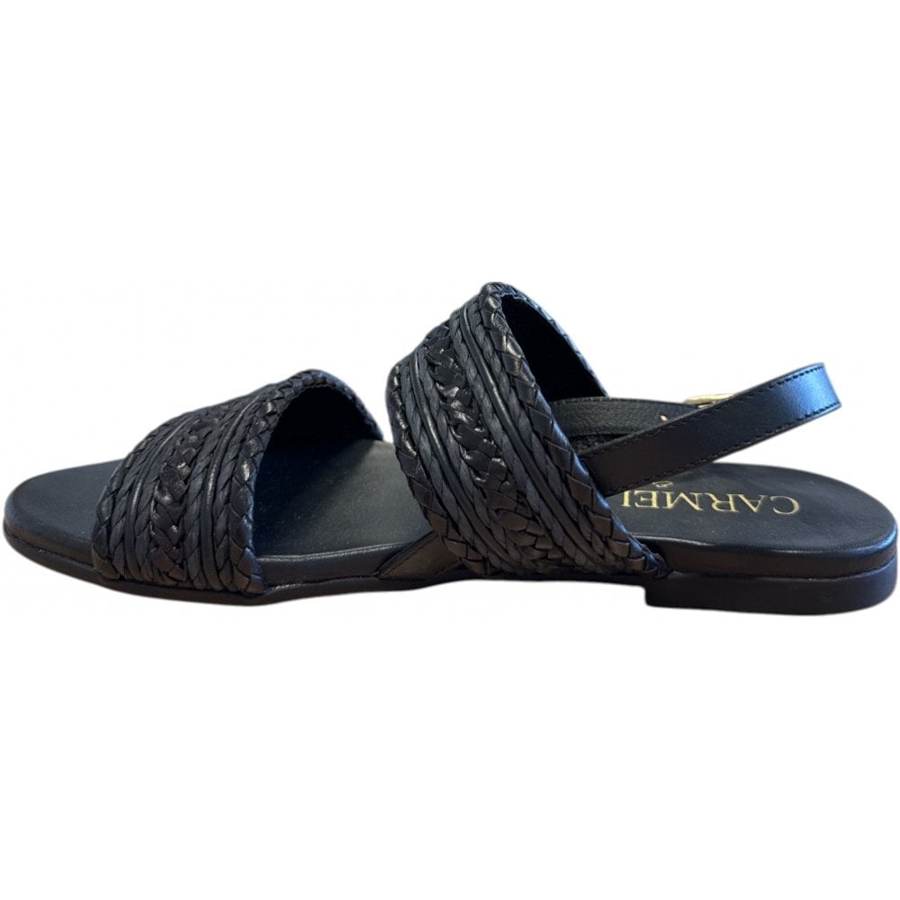 CarmelaBlack Leather Flat Sandals 162395