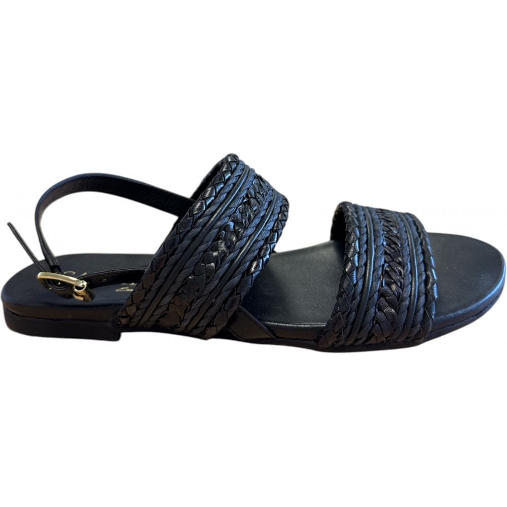 CarmelaBlack Leather Flat Sandals 162395