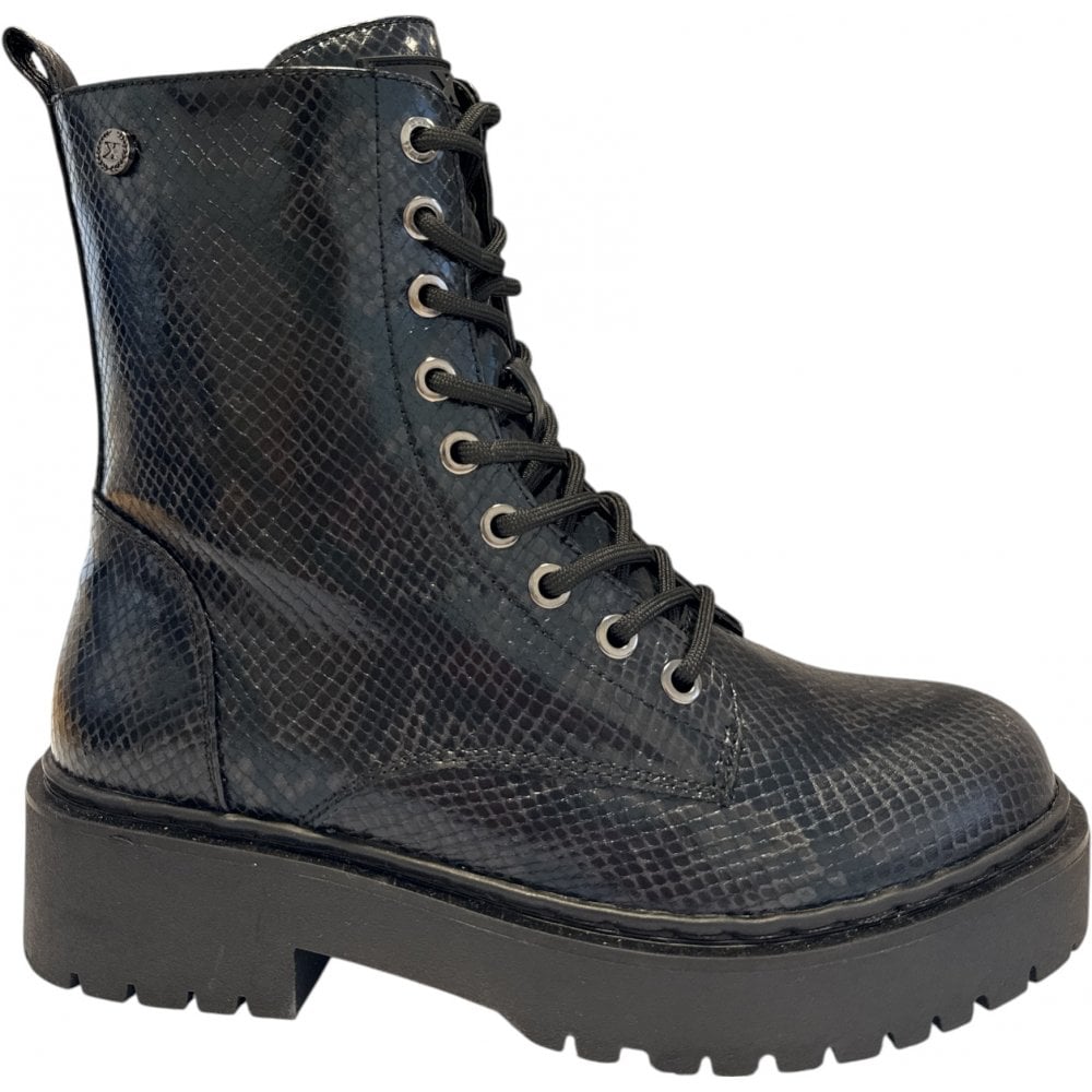 Xti 144389 Black Snake Print Lace-Up Boots