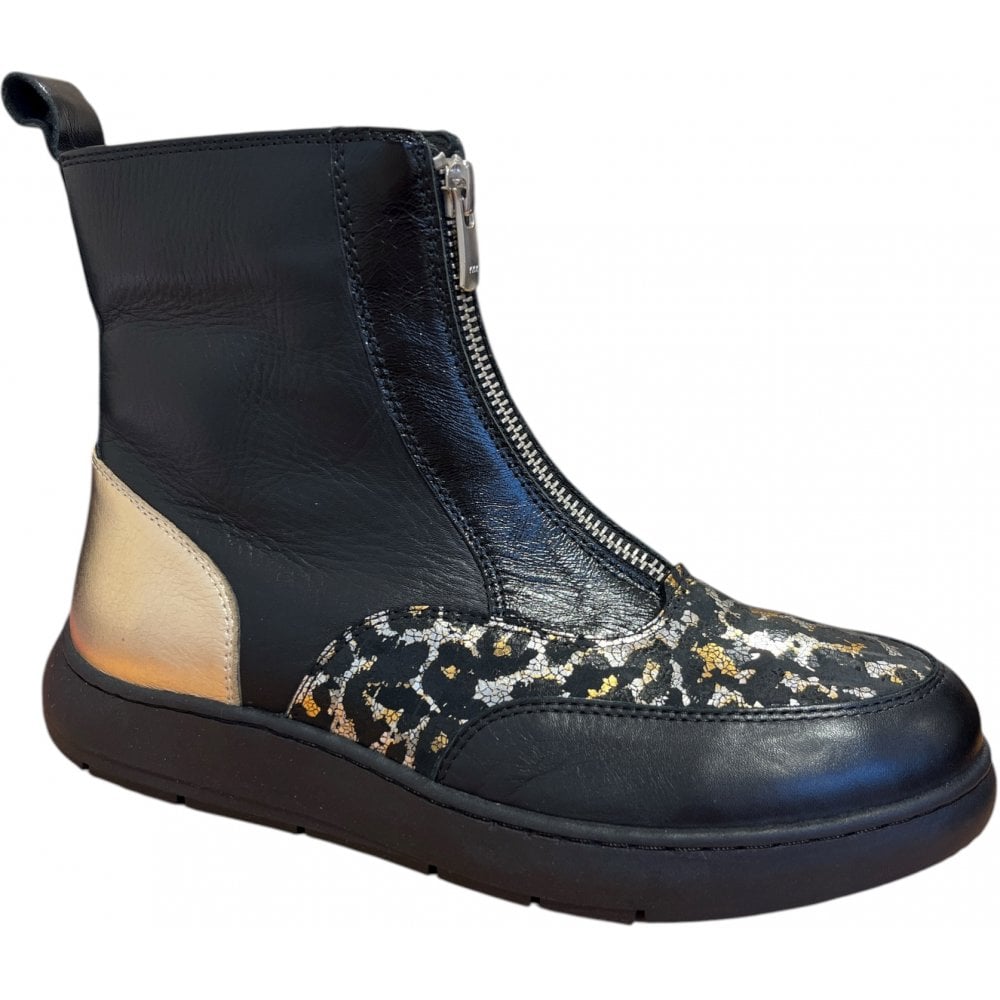 Adesso Inga Shimmering Leopard Print Black Leather Ankle Boots