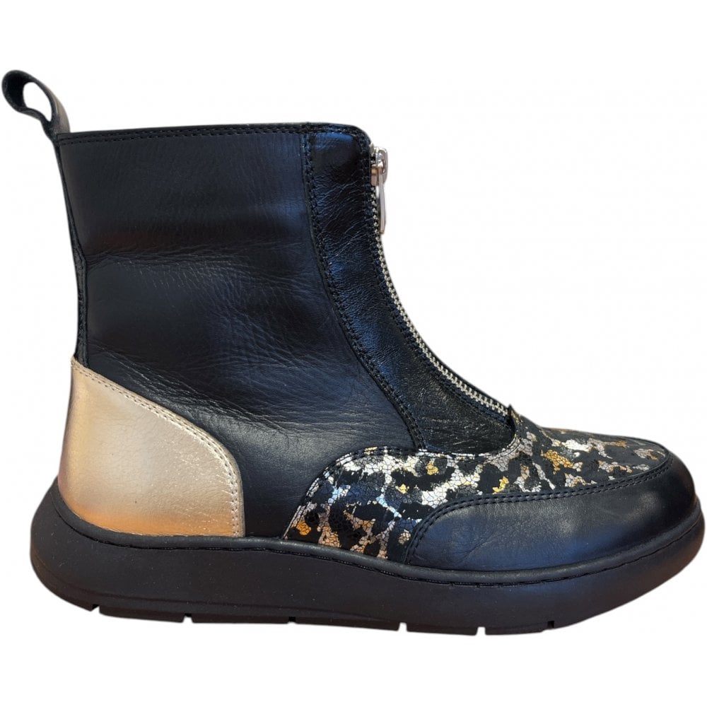 Adesso Inga Shimmering Leopard Print Black Leather Ankle Boots
