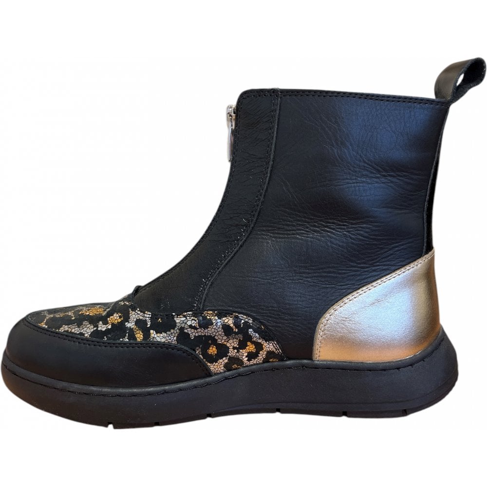 Adesso Inga Shimmering Leopard Print Black Leather Ankle Boots