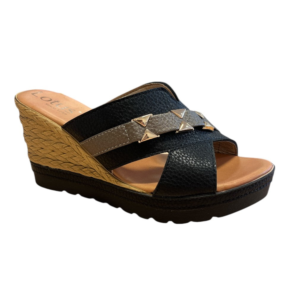 Lotus Barracuda Black Wedge Mules