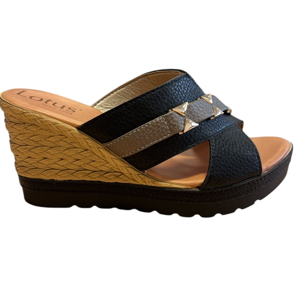 Lotus Barracuda Black Wedge Mules