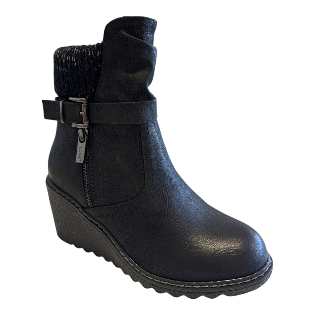 Lotus Balsam Black Wedge Ankle Boots