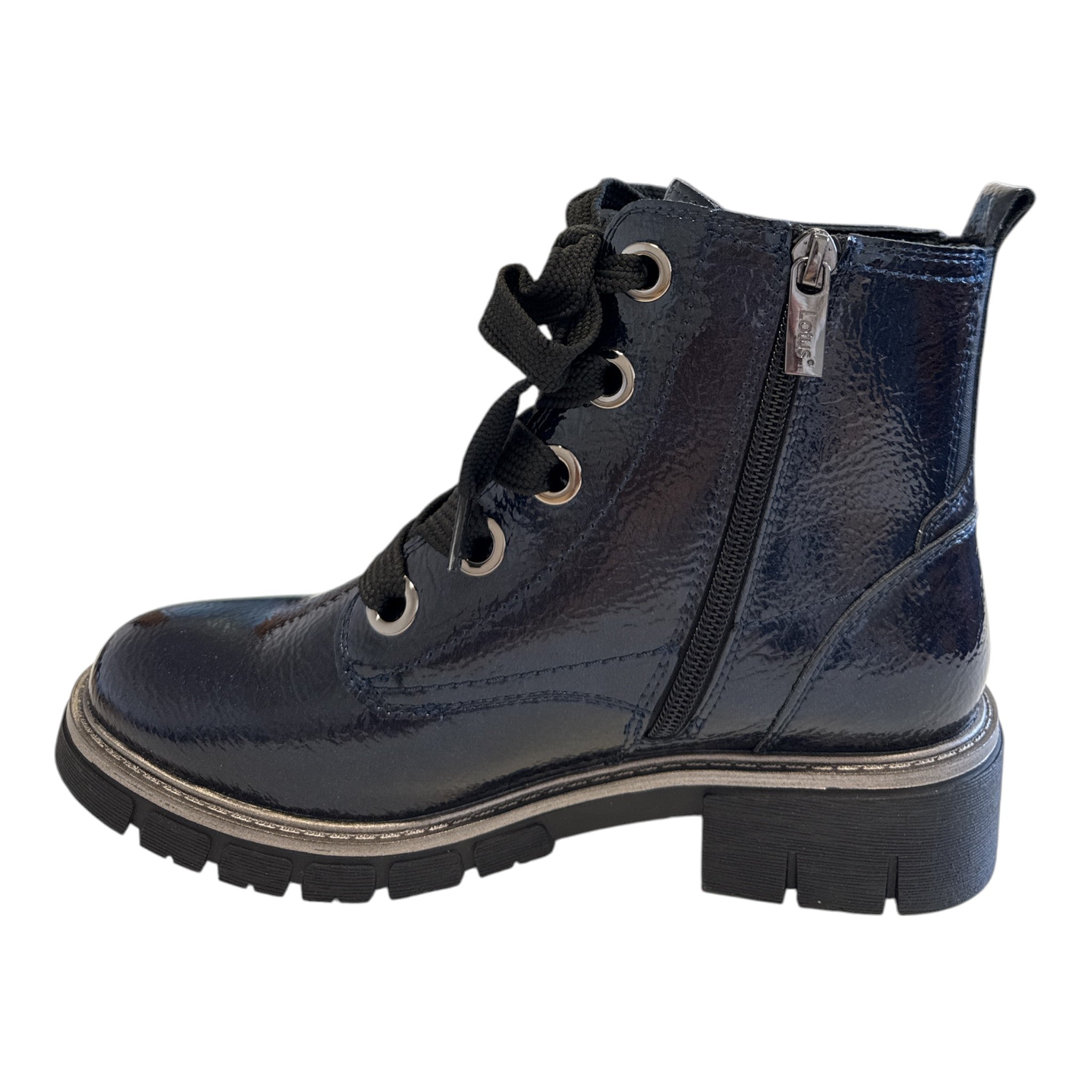 Lotus Jojo Navy Patent Ankle Boots