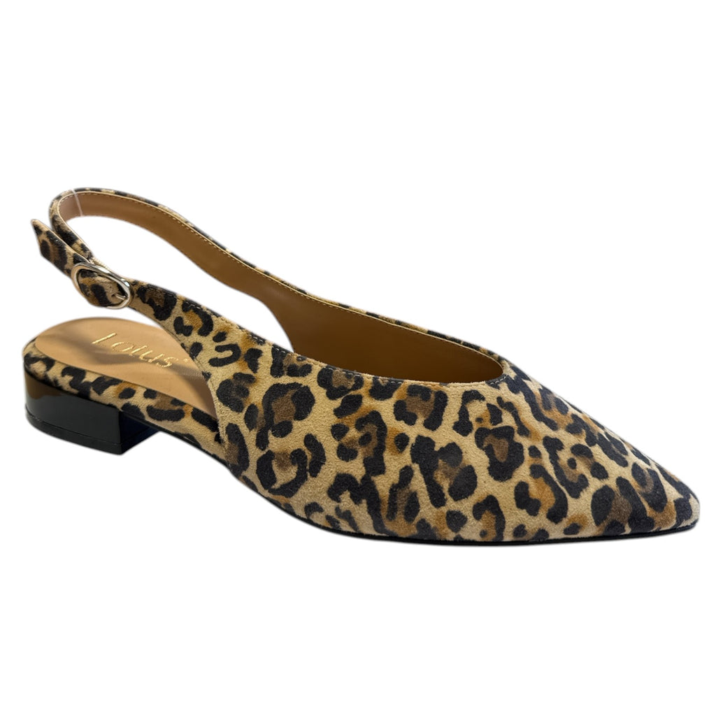 Lotus Morton Leopard Print Suede Pointed Toe Sling-Back Flat Shoes