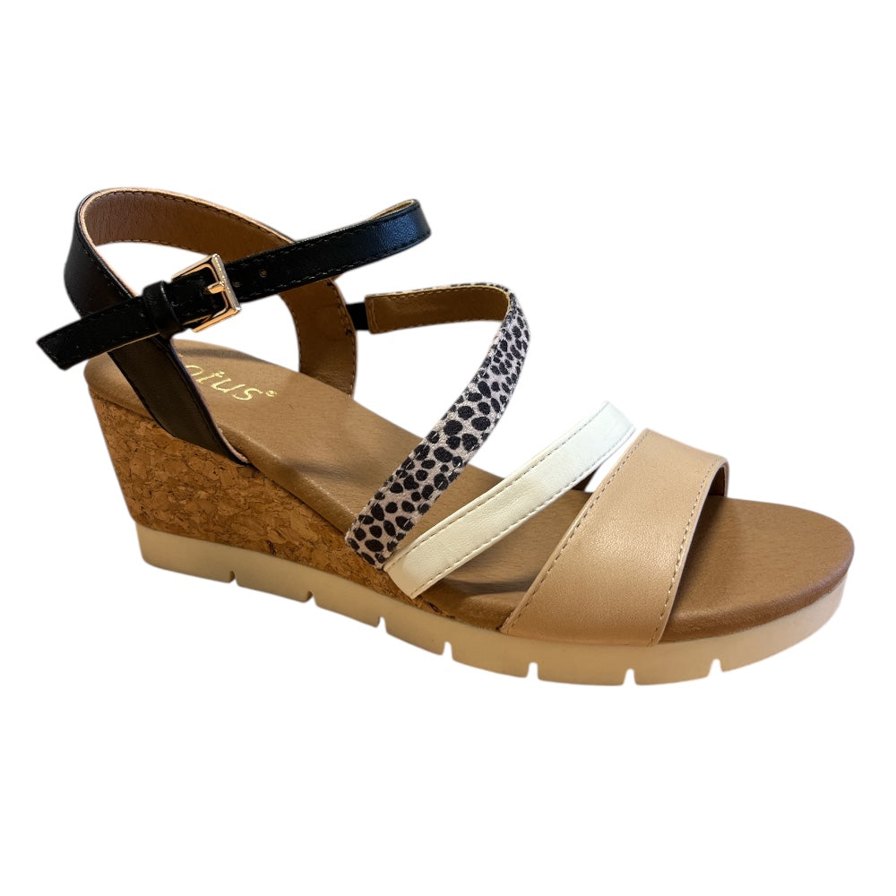 Lotus Kitty Black and Natural Wedge Sandals