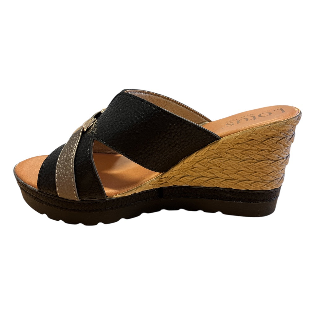 Lotus Barracuda Black Wedge Mules