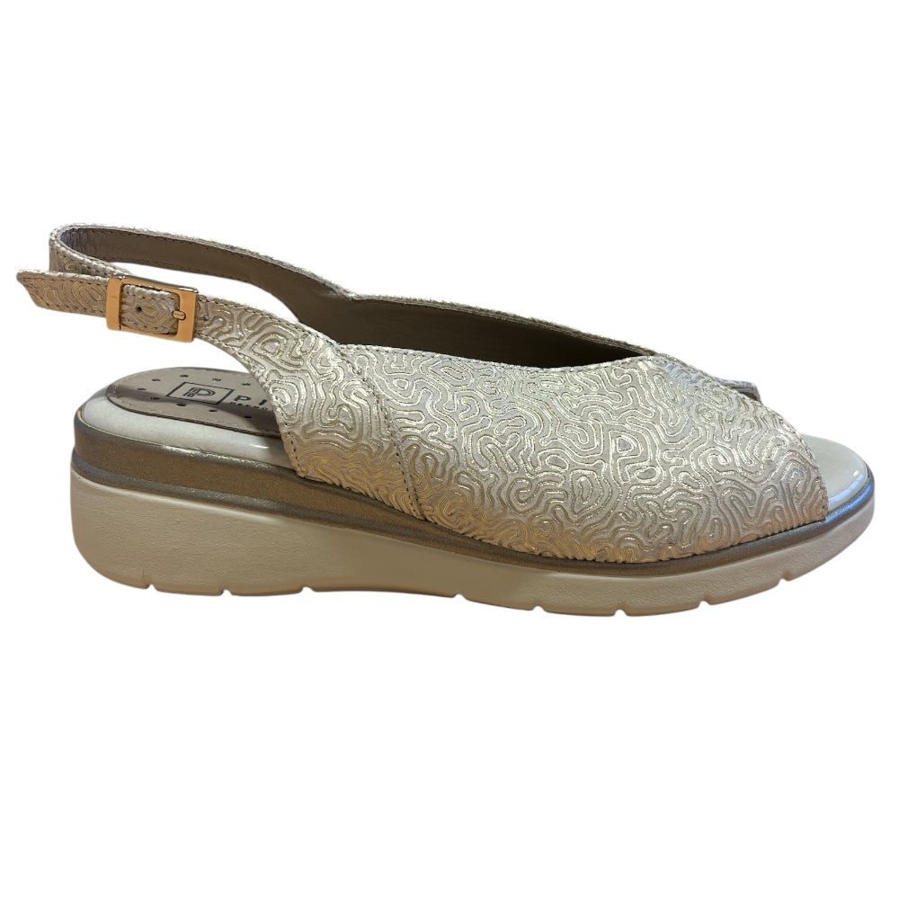 Pitillos 11.044 Gold and Beige Peep-Toe Wedge Sandals