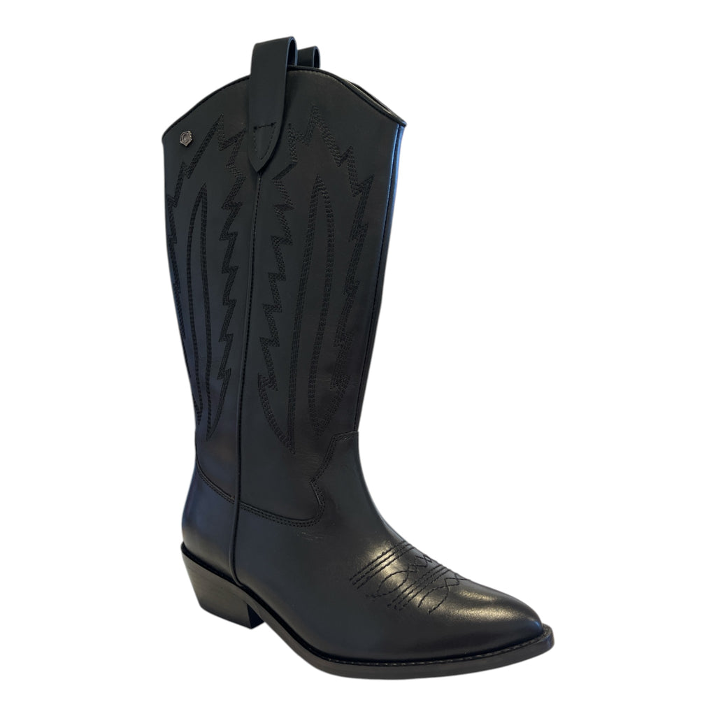 Carmela Black Leather Knee-High Cowboy Boots 164174