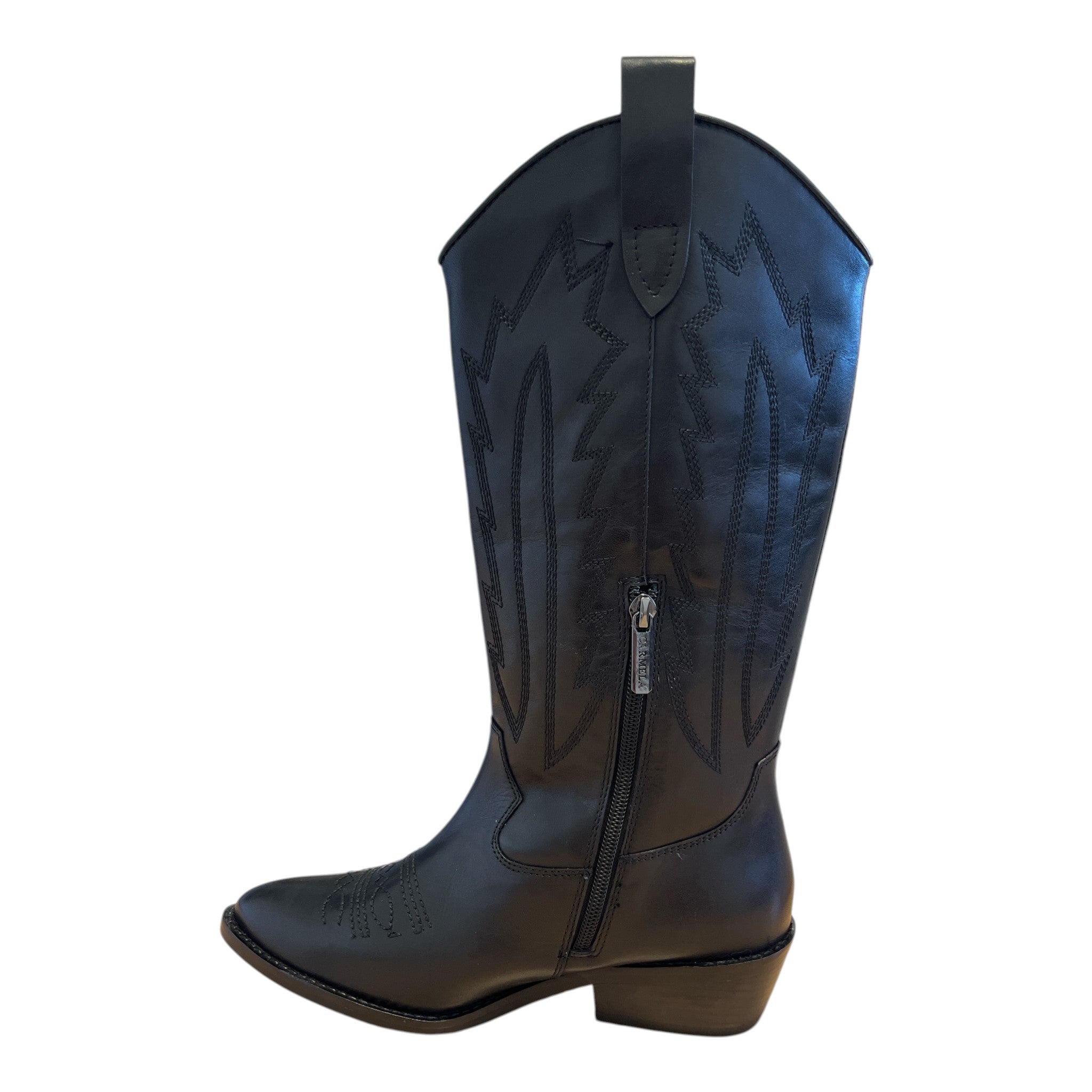 Carmela Black Leather Knee-High Cowboy Boots 164174